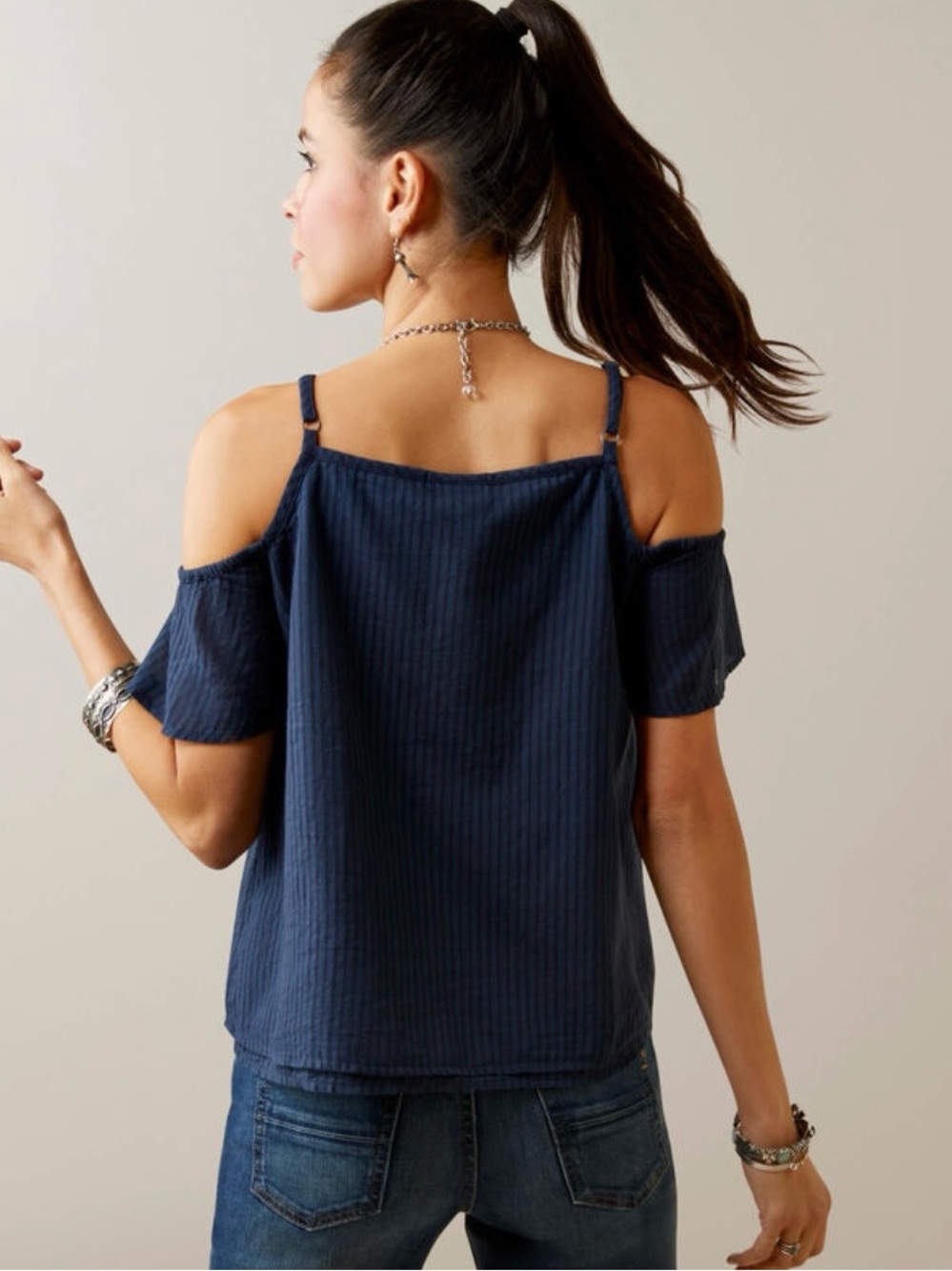 Ariat Navy Cold-Shoulder Ruffle Top - Picture 5 of 6